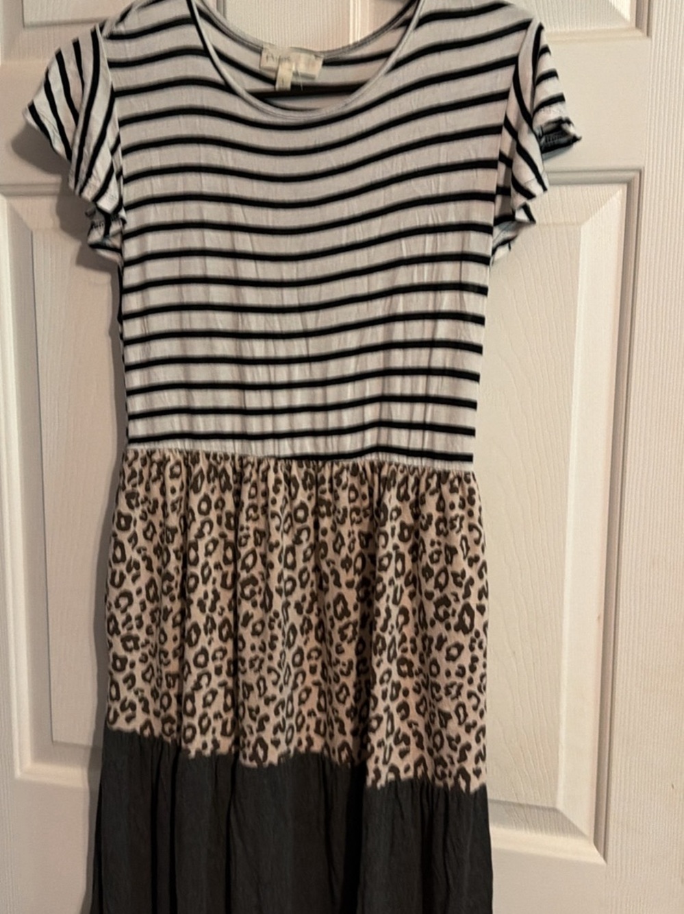 Striped Midi Dress with Leopard Print and Black Tier